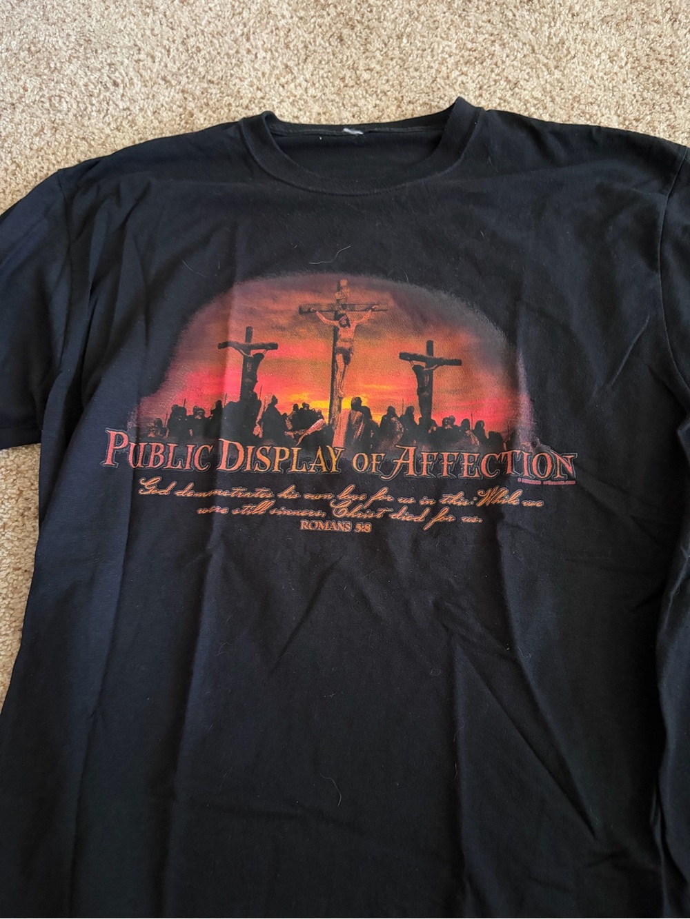 T.J.Maxx Black Graphic Tee with Sunset Crucifix Scene